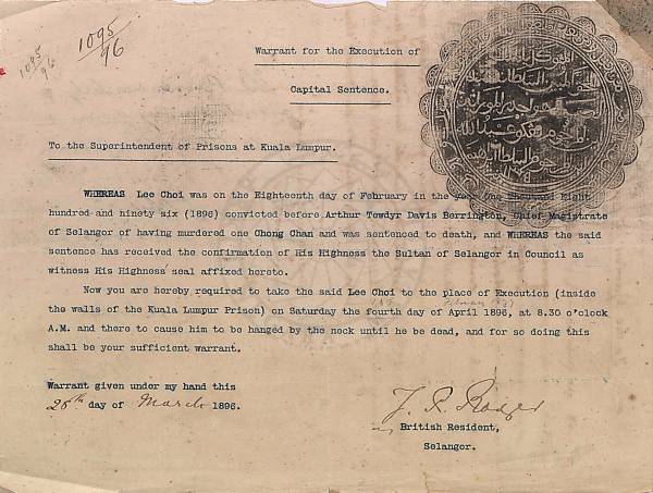 Waran Hukuman Gantung di Selangor - 1896
