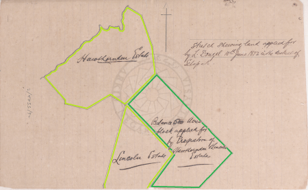 Lakaran peta L. Dougal menunjukkan permohonan peluasan tanah ladang mereka (ditandakan hijau tua)