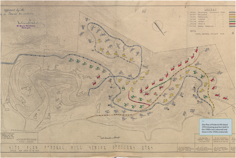 Site Plan of Federal Hill dated 1953 showing quarters built in the 1900s (not coloured) and those in the 1950s (coloured).