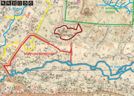 Peta kemungkinan lokasi Kampung Gonggang secara kasar, 1923