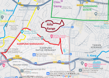 Peta kemungkinan lokasi Kampung Gonggang secara kasar, kini