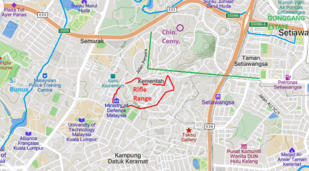 Peta lokasi Rifle Range (ditanda merah, sebahagian kawasan Kementerian Pertahanan (KEMENTAH) kini)